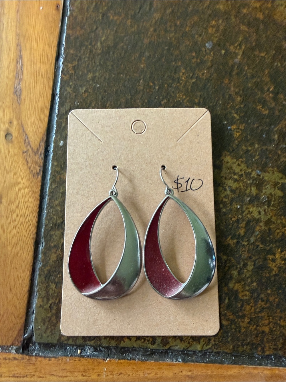 Silver-Tone Teardrop Earrings with Deep Red Inlay - Women's Jewelry